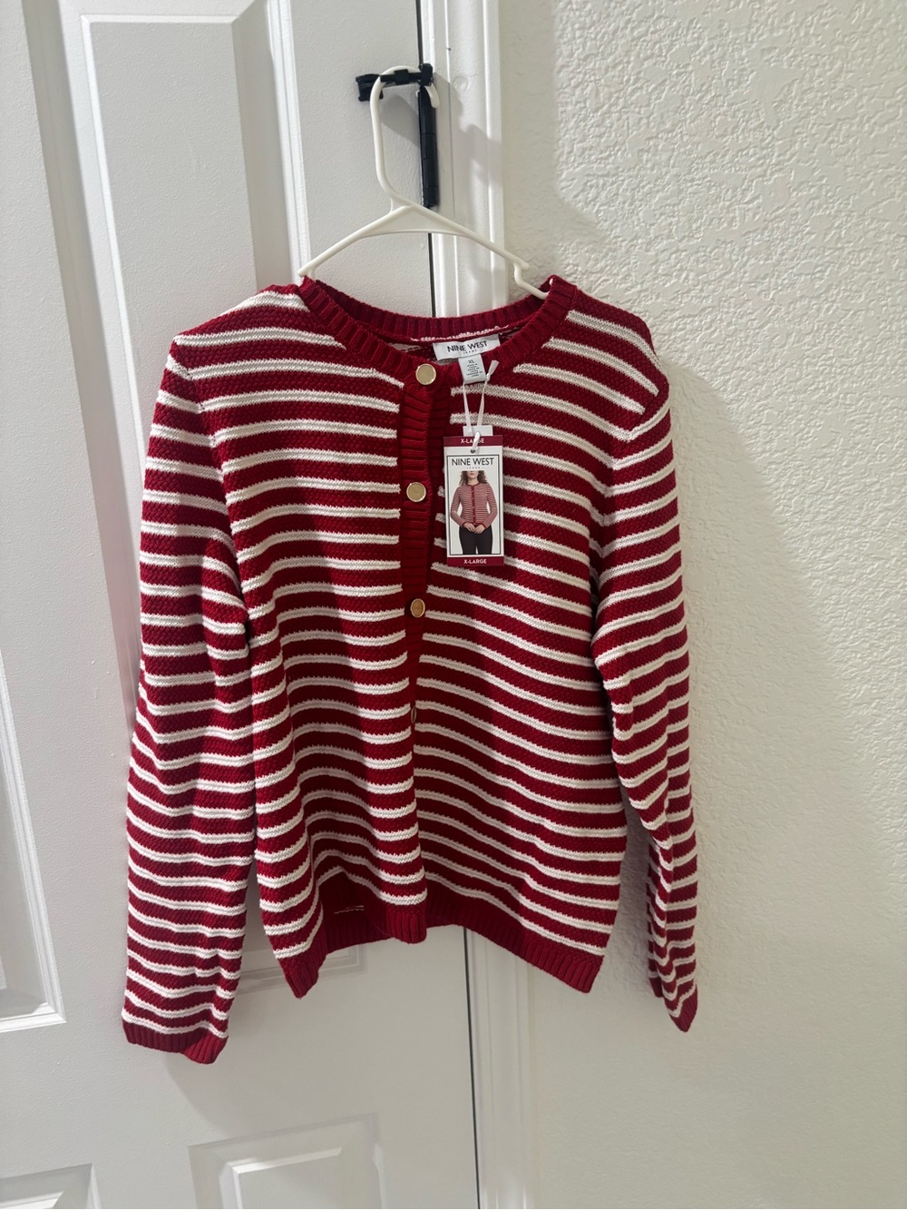 Nine West Red and White Striped cardigan with Gold Buttons